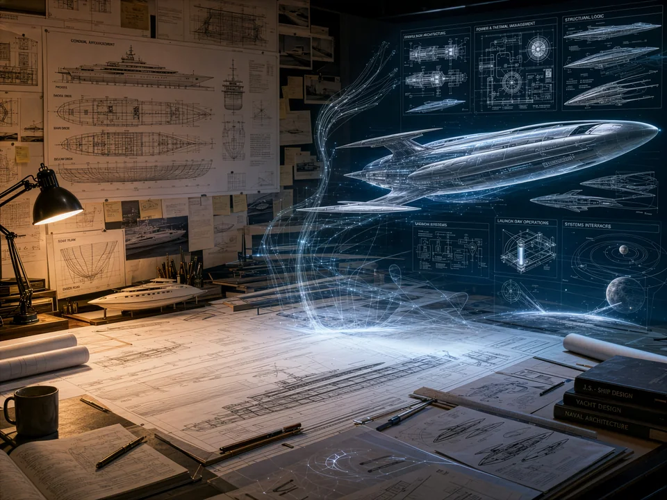 A ship design desk meeting the imagined spacecraft of P.X