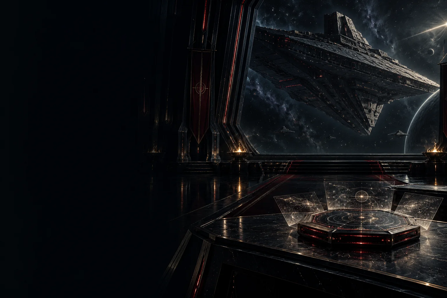 An immense warship beyond a dark command chamber, with an octagonal intelligence shard projecting tactical displays