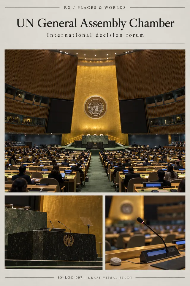 UN General Assembly Chamber — illustrative reconstruction