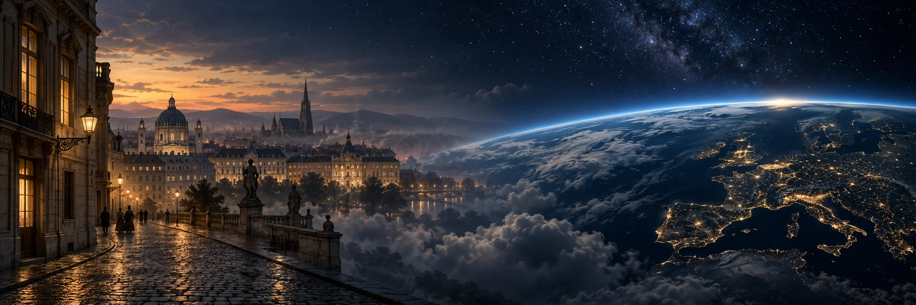 An imagined panorama connecting historic Vienna with Earth and interstellar space
