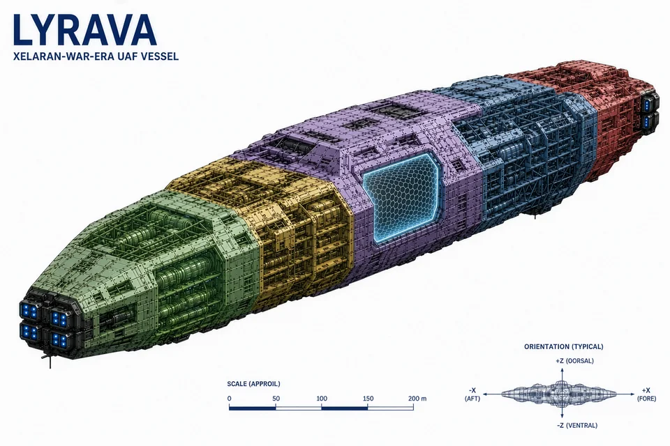 Lyrava, a Xelaran-war-era UAF vessel, with its modular structure shown