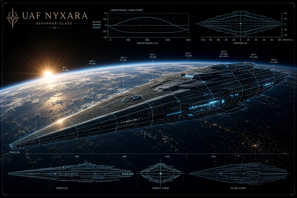 UAF Nyxara Seraphar-class spacecraft with hull and structural diagrams