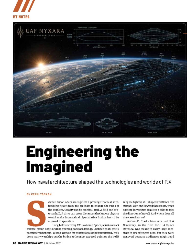 Opening page of Engineering the Imagined by Kerim Tapkan, SNAME’s MT magazine, October 2026, page 28.