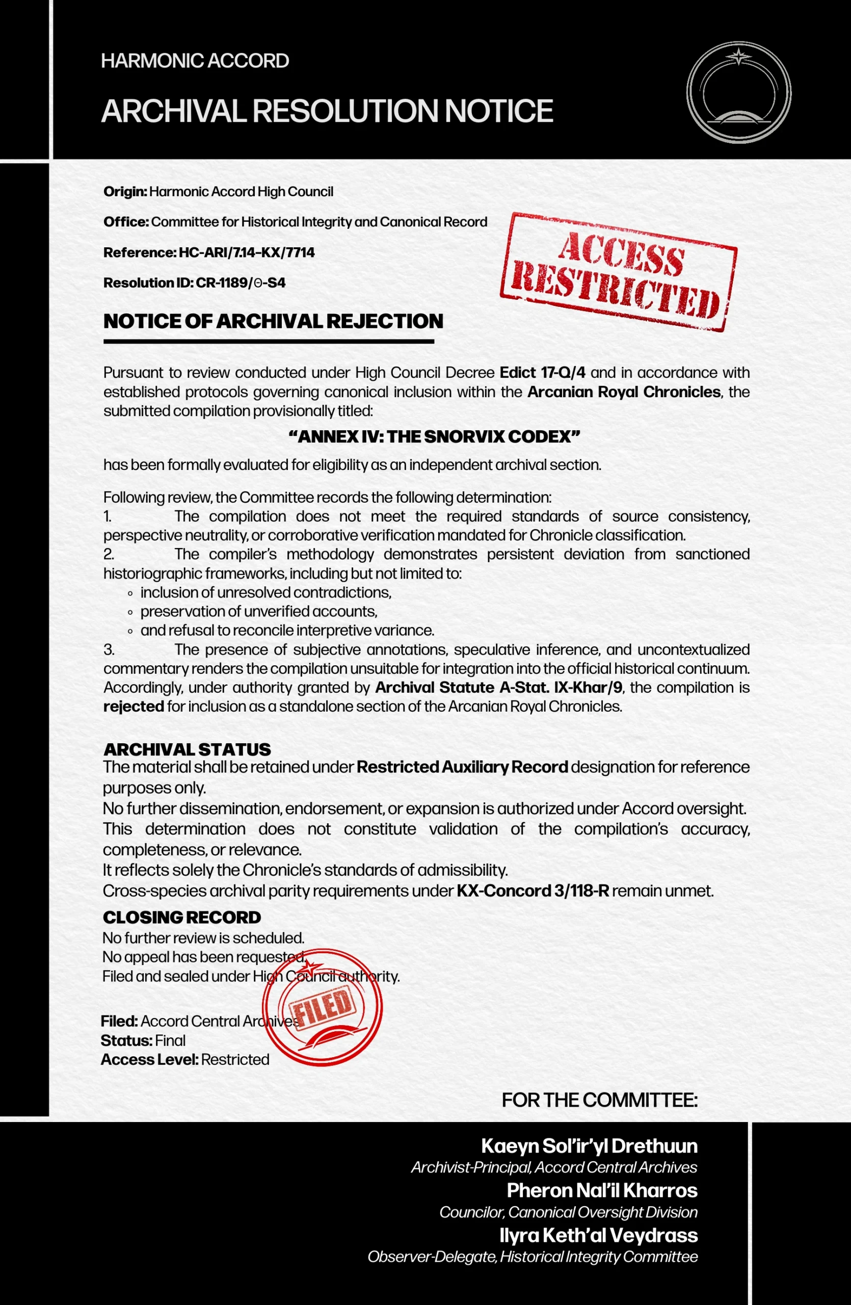 Codex archival notice — access restricted