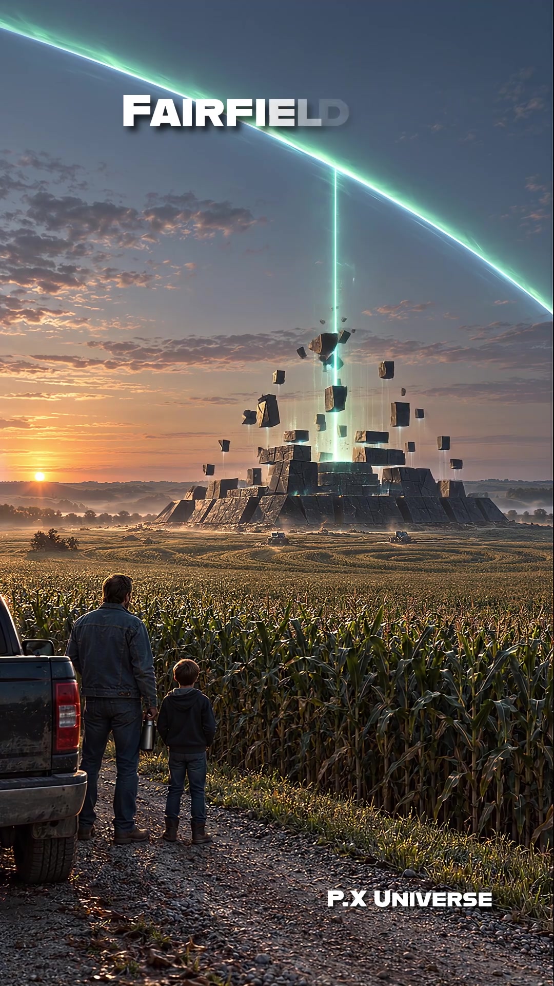 Stones assembling into a pyramid above an Iowa cornfield beneath an impossible sky